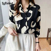 black white cow print chiffon womens blouse shirt 2022 autumn long sleeve korean fashion vintage loose female clothing blouses