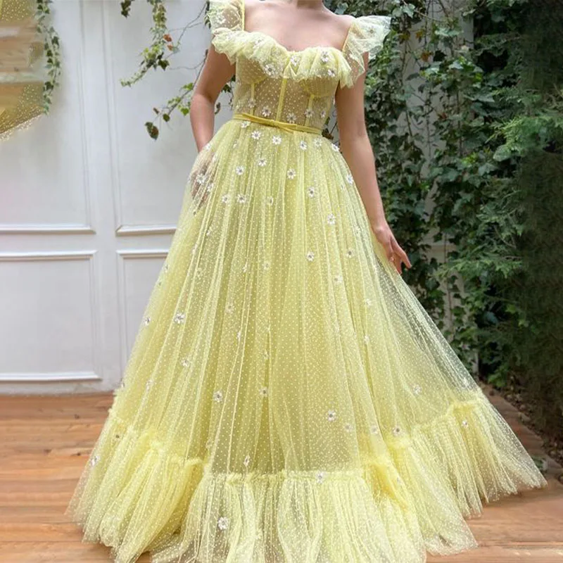 

Yellow Polka Dots Tulle Prom Dresses 2022 Flutter Sleeves Daisy Flowers A-Line Formal Evening Gowns Wedding Party Dresses
