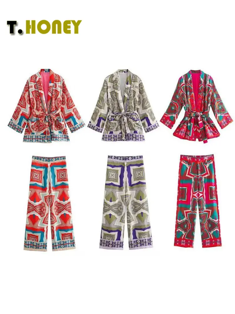 

Женская блузка на завязках TELLHONEY, блузка с длинными рукавами, передними карманами и брюки на молнии с эластичным поясом, повседневный комплект из двух предметов с принтом