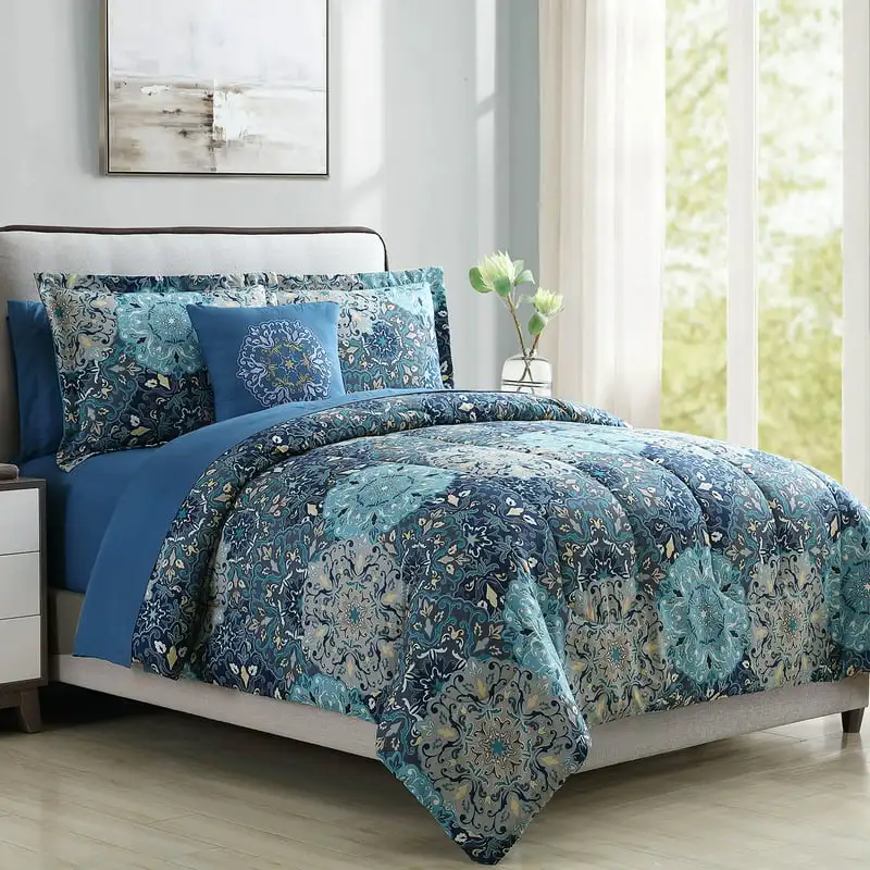 

8 Piece Reversible Bed in a Bag, Deep Blue Damask, Granada, Queen High Quality Skin Friendly Bedding Set