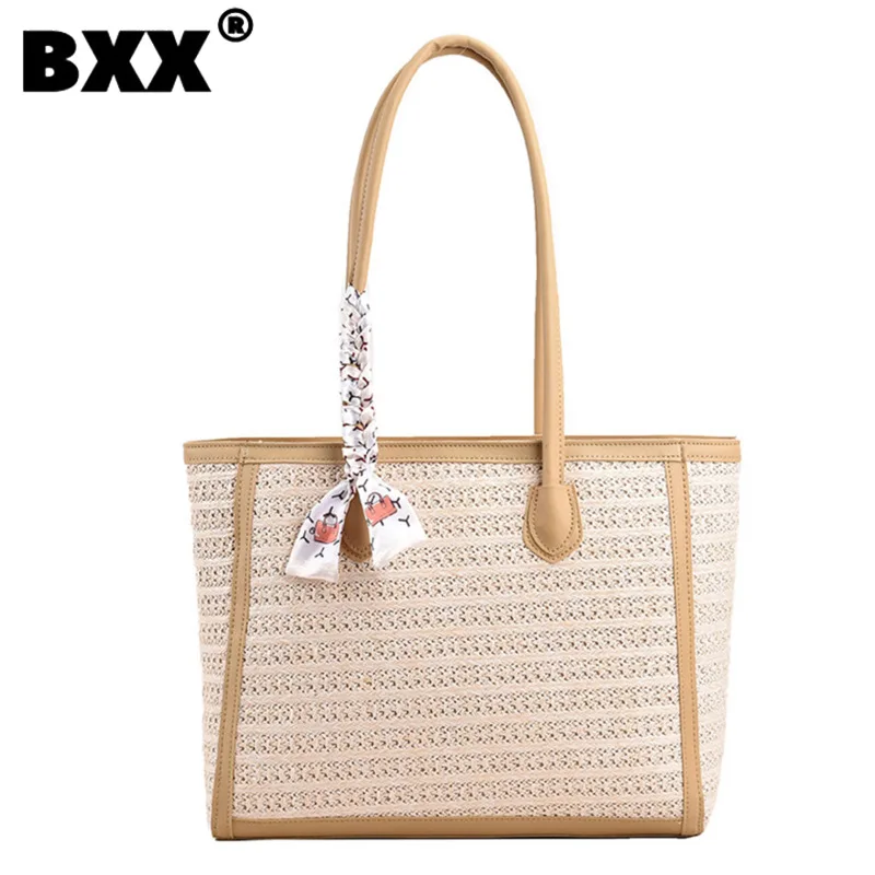 

[BXX] Straw Knittin Single Shoulder Bags Two Belt Large Capacity Simple Portable Solid Zipper Commuting Handbags 2023 New 8CY361