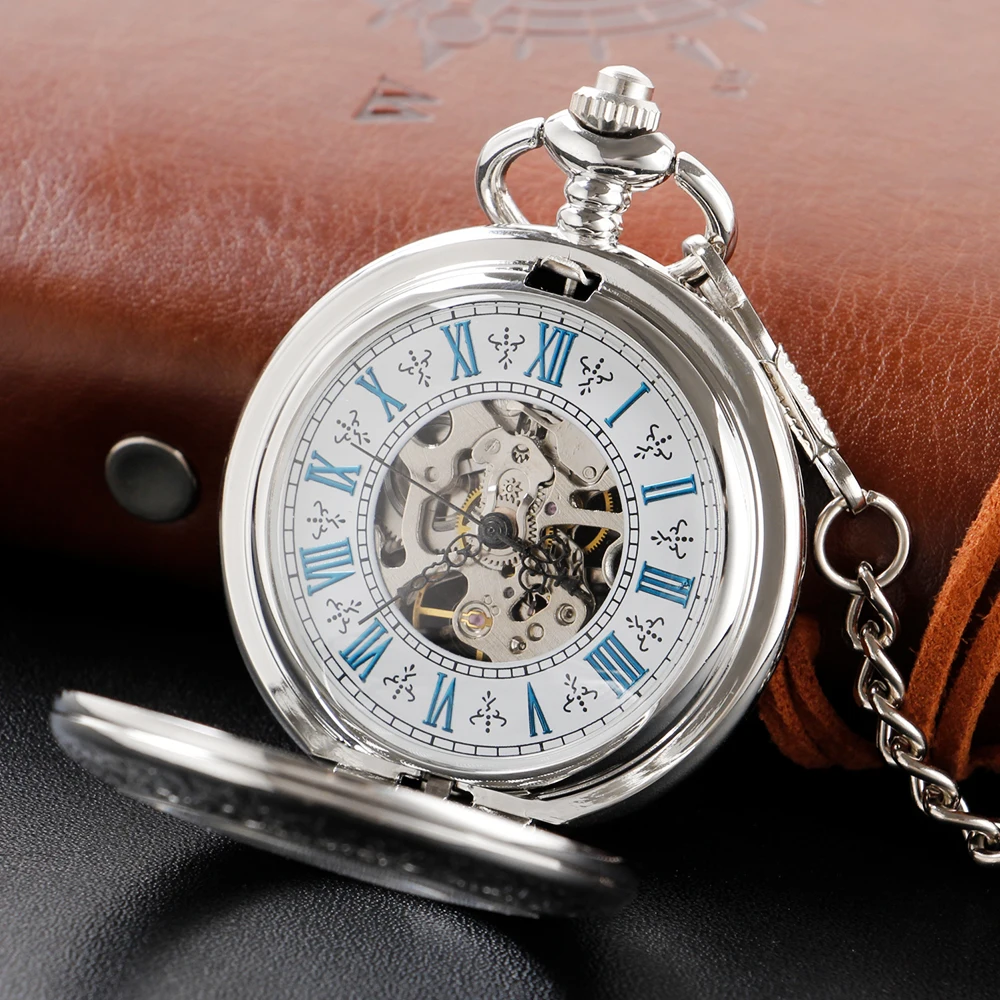 Silver Pattern Hollow Engraving Mechanical Pocket Watch High Quality Unisex Necklace Timing Pendant for Men and Women Pjx054