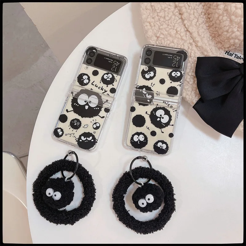 

Cartoon Coal Ball Elf Phone Case with Pendant for Samsung Galaxy ZFlip 4 3 Hard Cover for ZFlip5 Zflip4 Solid Shell Bracket