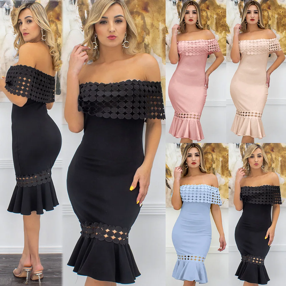 

Fashion Party Dress Women Slash Neck Off Shoulder Sexy Midi Dresses 2022 Summer Casual Sexy Hollow Out Fishtail Dress Pink Black