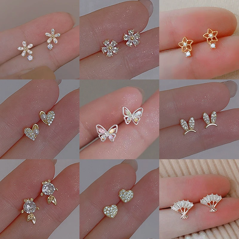 Silver Plated Ear Piercing Earrings Mini Cubic Zircon Cute Flower Butterfly Stud Earrings for Women Fashion Jewelry 2023