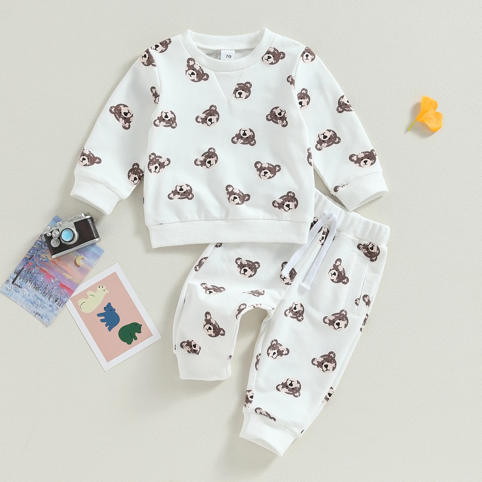 

BeQeuewll Baby 2 Piece Outfit Cute Bear Print Long Sleeve Sweatshirt and Pants Set for Newborn Infant Fall Clothes For 0-3 Years