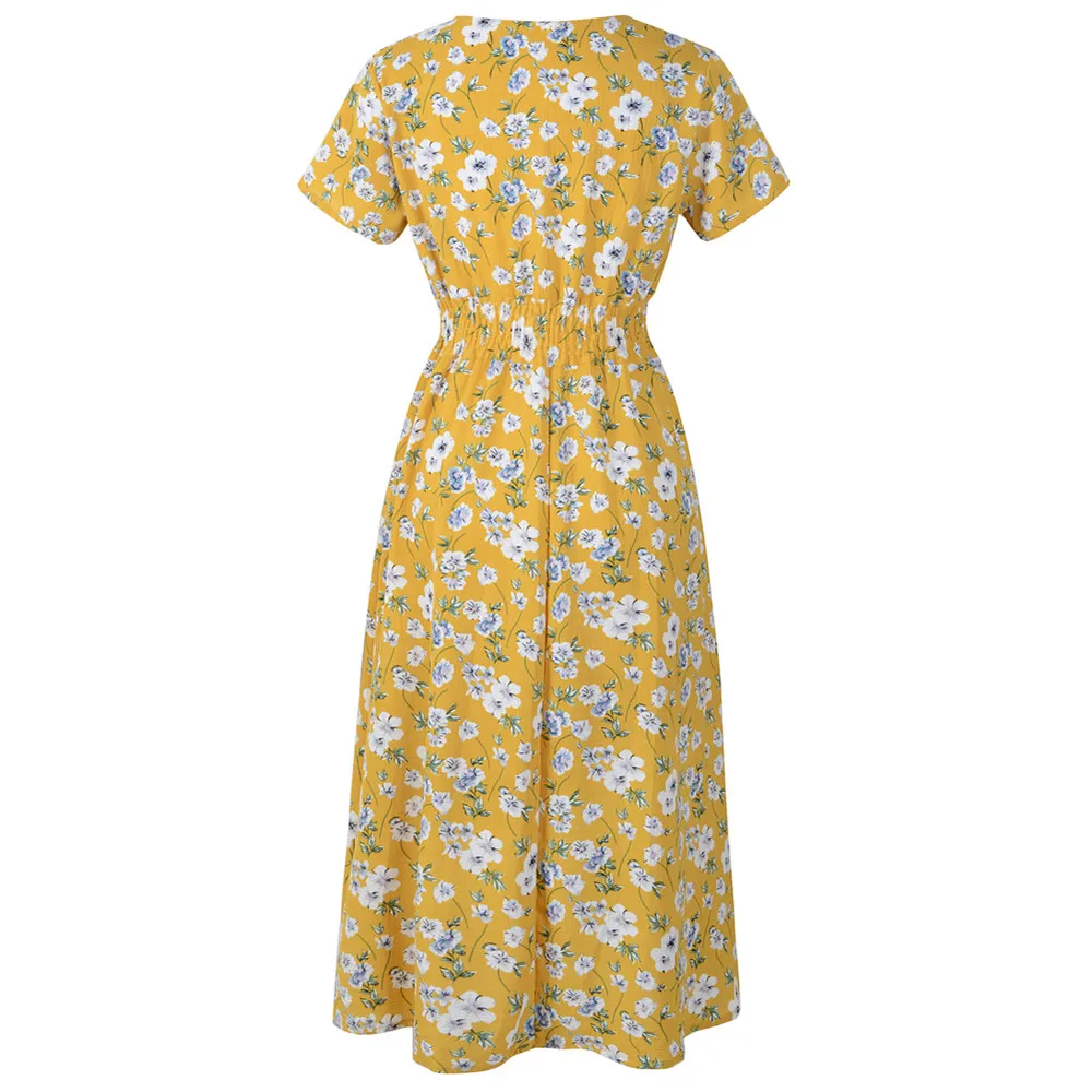 

V Summer Print Neck Dress Ladies Beach Holiday Womens Floral Party Dress Women's Dress O Neck Fashion dress