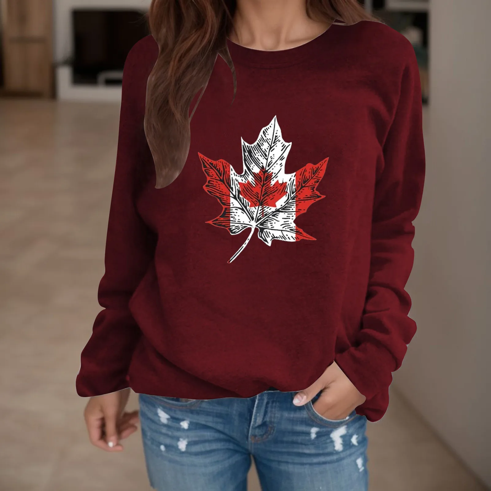 

Maple Leaf Print Sweatshirt For Ladies Women Casual Round Neck Long Sleeve Loose Pullover Street Sporty Athflow Hoodie Autumn