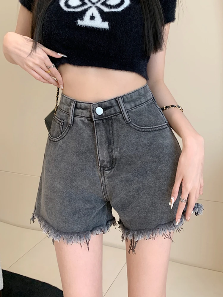 Summer Women Retro Raw Hem Loose Denim Shorts Streetwear Female High Waist Button Asymmetrical Jeans Shorts Bottoms