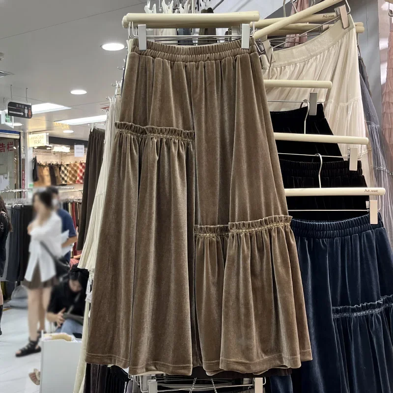 

Женская длинная юбка с высокой талией, юбка-трапеция из бархатной ткани в стиле пэчворк, универсальная юбка во французском ретро стиле на осень и зиму, Прямая поставка