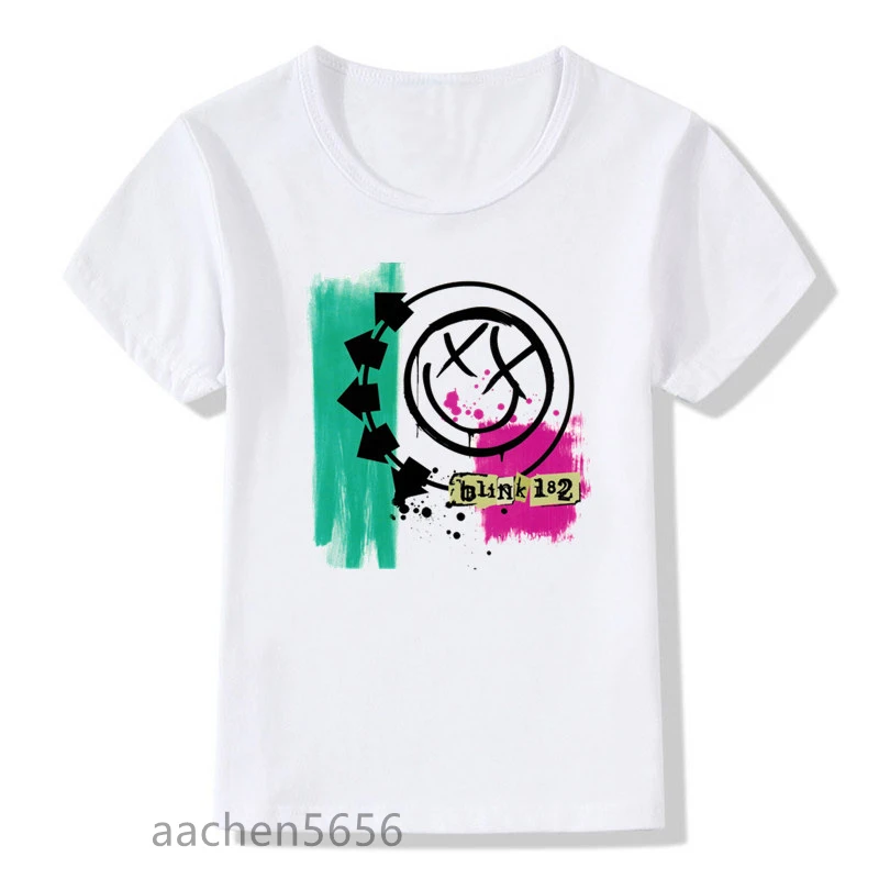 Blink Rock Band Smiley Face Print Boys Girls T-shirt Children Fashion Top Kids Casual Tee Baby Summer Clothes Wholesale