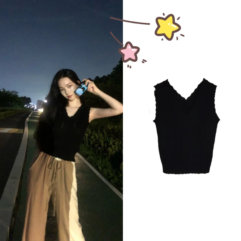 

Kpop Aespa 2022 Summer Women's Knitted Vest Streetwear Sleeveless Sweater Vest Waistcoat Casual Loose Vest Pullover Black Tops