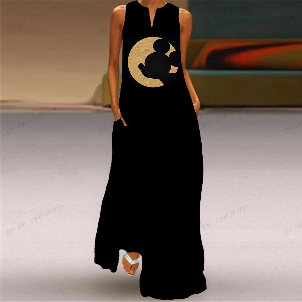 

New Cartoon Dress 2022 Casual Plus Women's Sleeveless Long Dress Summer Women's Disney Minnie Mickey Print Girl's Beach Dress
