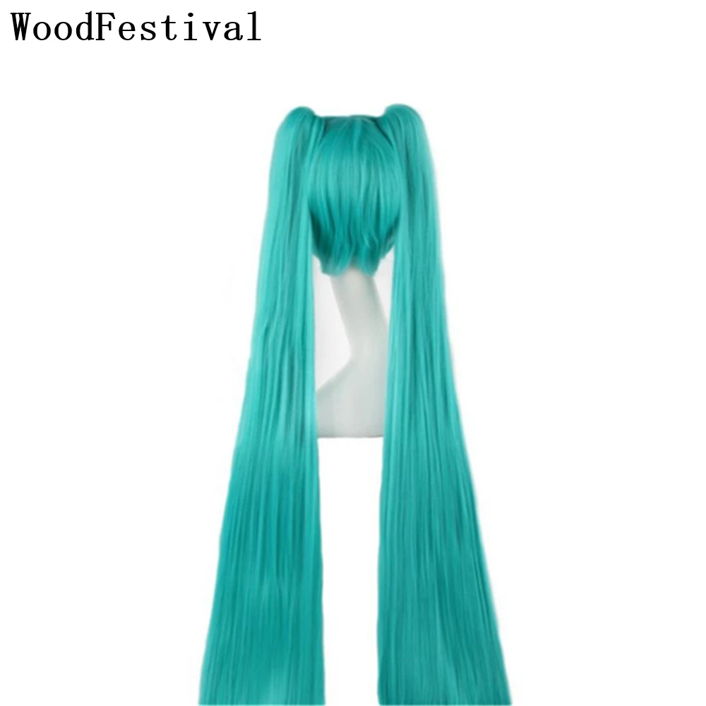 

WoodFestival Synthetic Hair Halloween Costume Wigs With Bangs Green Cosplay Wig Straight Long Anime 2 Clip On Double Ponytail