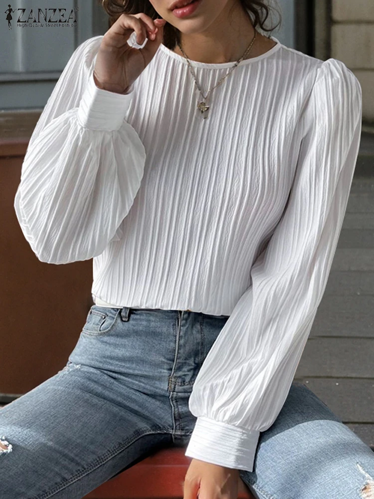 ZANZEA простые блузки из текстурированной ткани с круглым вырезом 2024 женские