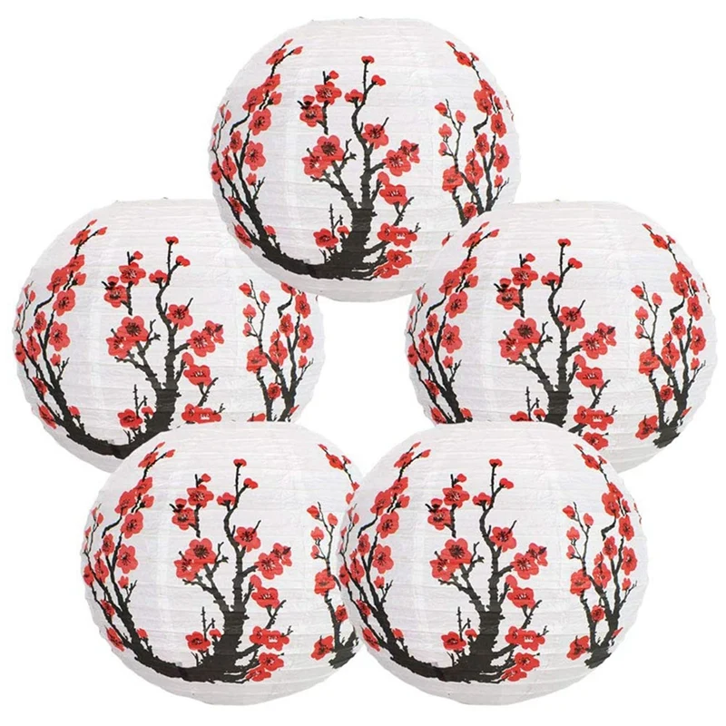 

12-Inch Cherry Blossom Japanese/Chinese Paper Lanterns (Set Of 5, Red Sakura)