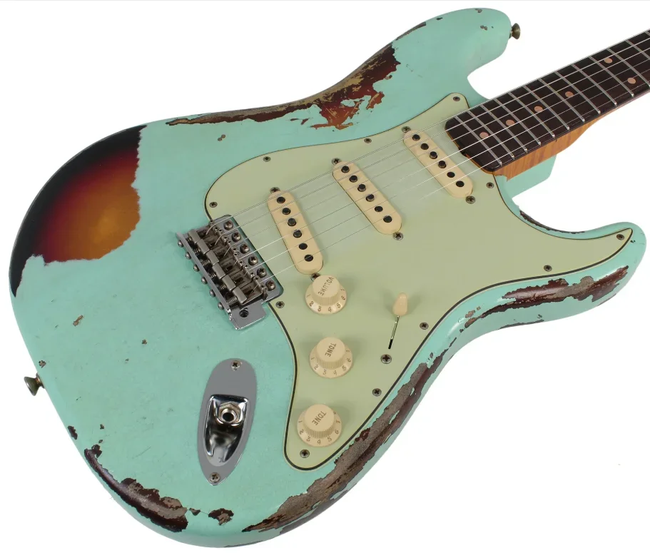 

Пользовательский магазин Майкла Ландау 1963 реликс ST зеленый Over Sunburst электрическая гитара Alder Body, Кленовая шея и палисандр фингерборд