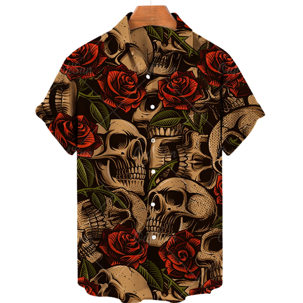 Mens New Fashion Hawaiian Shirt Skull Male Shirts 3D Print Blouses Comfortable And Cool Casual Short Sleeve Summer V Neck Tops