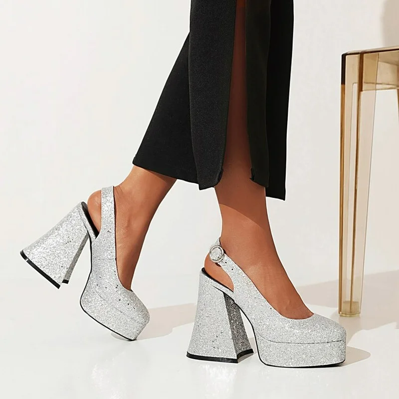 

Ochanmeb Bling Bling Silver Womens Slingback Pumps Big Plus Size 43 Glitter Gold Blue Chunky High Heels Shoes Lady Party Wedding