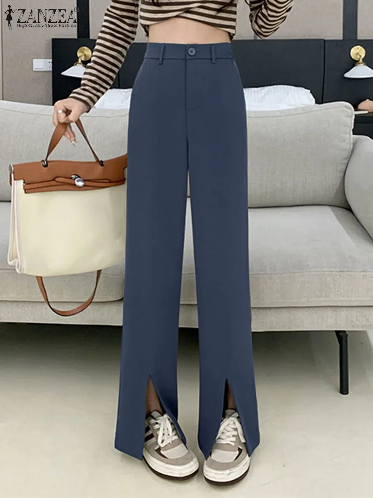 

ZANZEA Casual Solid Palazzo Oversized Female Work Wear Fashion Office Lady Suits Trousers Women Summer 2022 OL Loose Split Pants