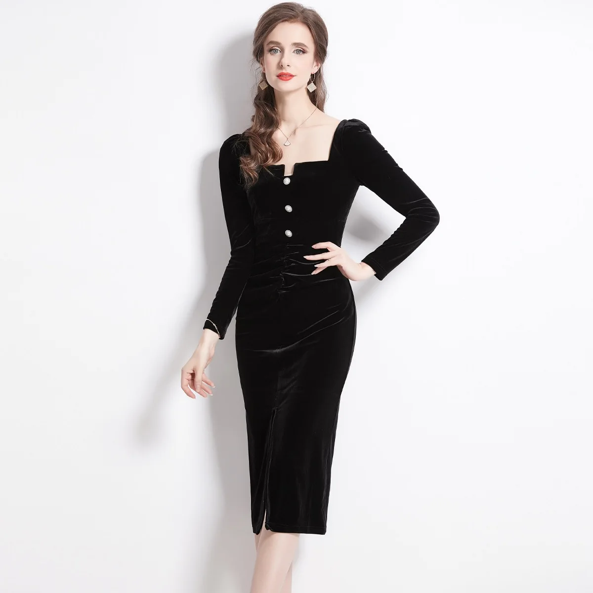 

Black Square Neck Solid Color Velvet Bodycon Dress Women's Vintage Long Sleeve Sexy Night Club Elegant Backless Split Vestidos