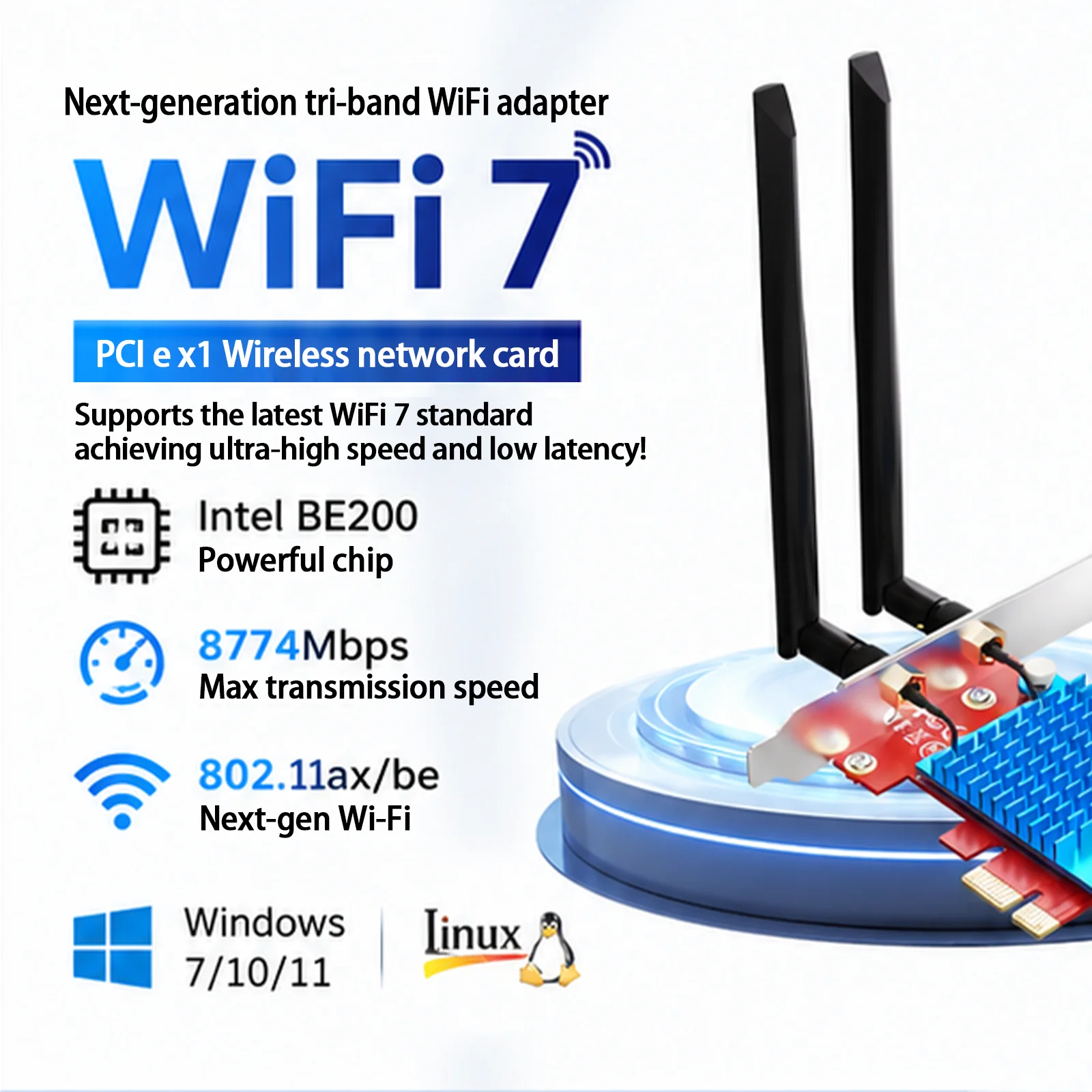 Фото BZIZU Intel BE200 WiFi 7 PCIe-адаптер, 8774 Мбит/с, трехдиапазонный 6 ГГц, Bluetooth 5.4, PCIe X1 для настольных ПК №1