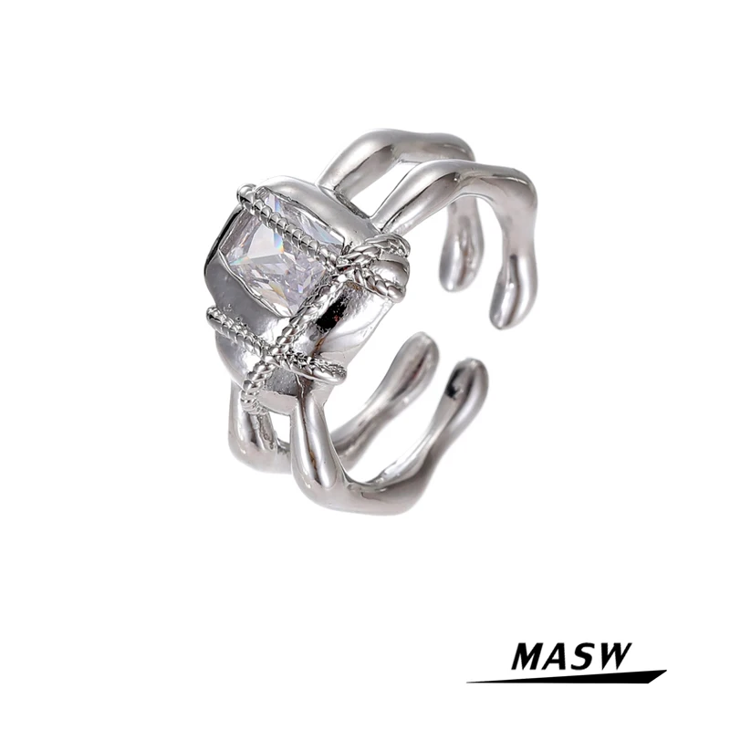 

MASW Original Design AAA Zircon Rings 2021 New Trend Two Row Open Metal Brass Silver Plated Women Rings Trendy Jewelry Gifts