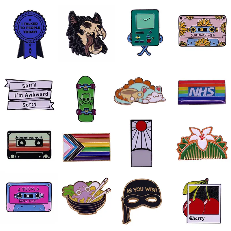 

Cartoon Skull Imprint Green Skateboard Brooch Cherry Postcard Enamel Pin Masquerade Mask Badge Pin Fashion Accessories