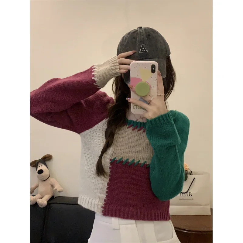 Женский осенне-зимний 2024 новый винтажный облегающий вязаный свитер с квадратным