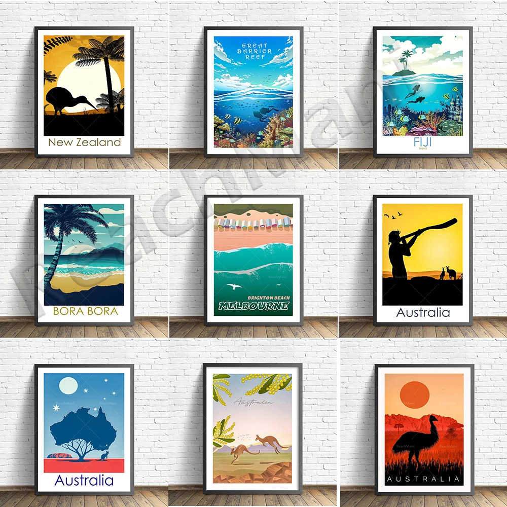 

Melbourne Brighton Beach, Fiji, New Zealand, Great Barrier Reef, Bora Bora, Adelaide, Brisbane, Uluru, Australia travel poster