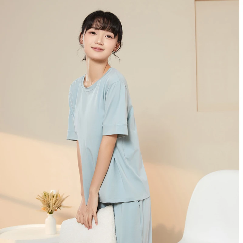 Pajamas Women Summer Solid Color Cool Feeling Pure Cotton Short-sleeved Trousers Suit Soft and Casual Sleepwear with Round Neck