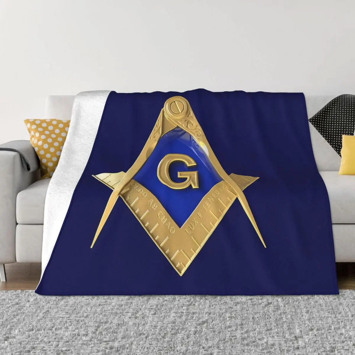 

Freemason Blankets Gold Square & Compass Blue Background Masonic Coral Fleece Plush Decoration Bedroom Bedding Couch Bedspread