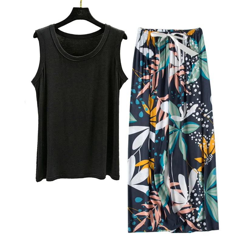 Women's Homewear Pajamas Set Sleeveless Long Pants Flower Print Fashion Pyjama Big Size Cozy Cotton PJS