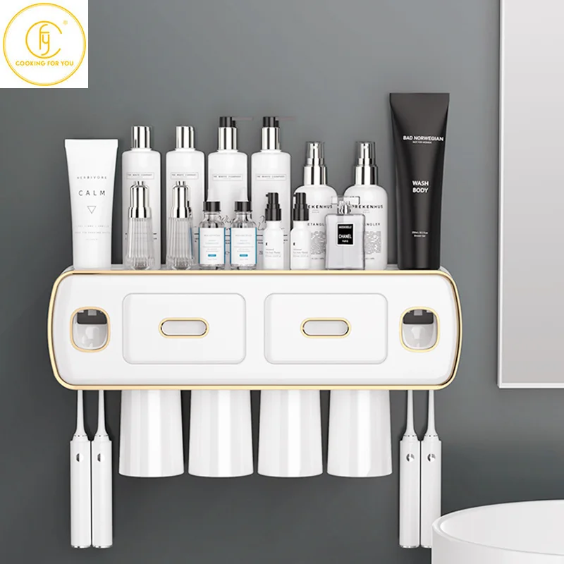 

Family Creative Perforation-free Wall Mounted Type Toothbrush Storage Racks Home Bathroom Waterproof Sundries Storage Container