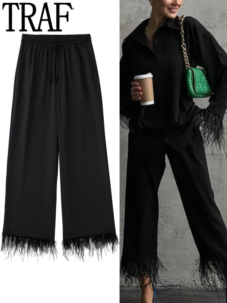 

TRAF Black Pants Women High Waist Feather Green Pants Woman Summer 2022 Wide Leg Trousers Fashion Streetwear Baggy Pants Sets