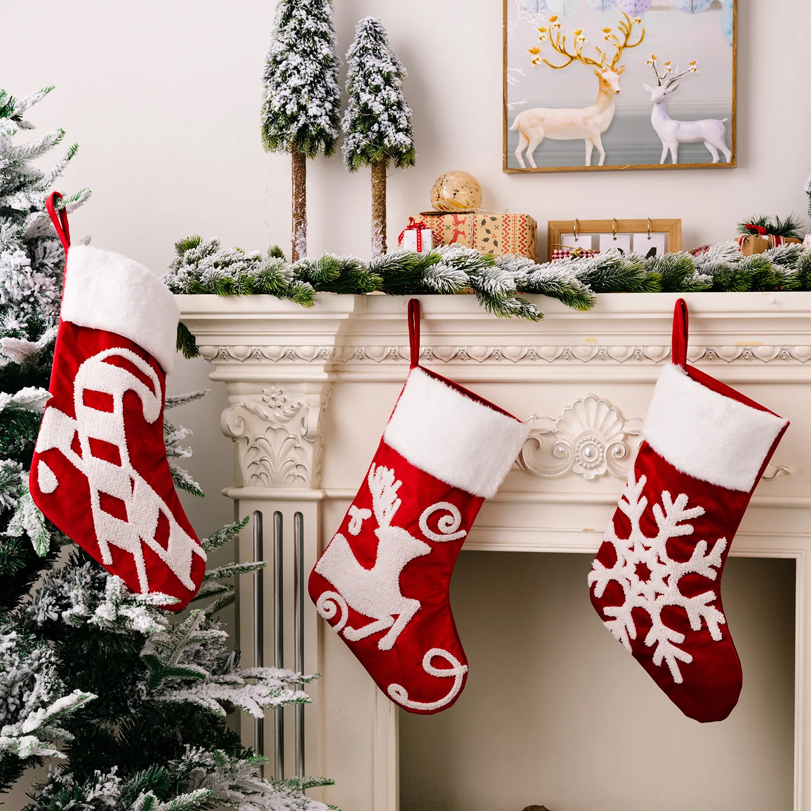 

Christmas Stockings Printed Red Hanging Xmas Sock White Cuff for Christmas Decor Large Xmas Stockings Decoration XHC88