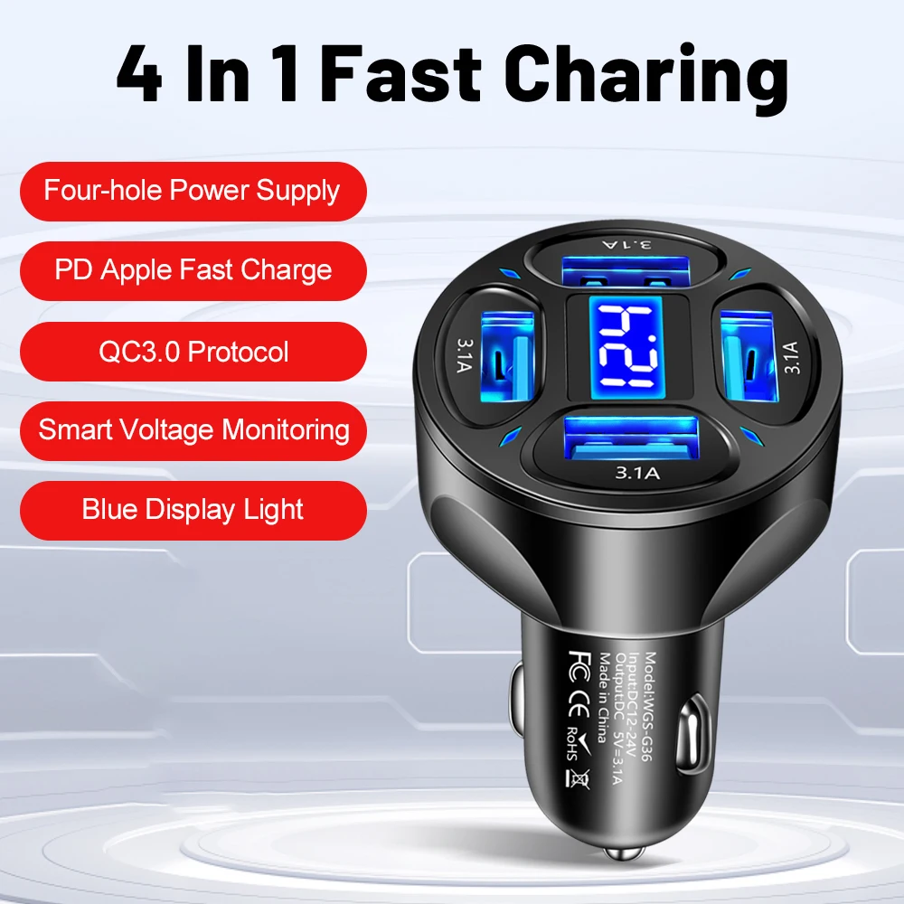 

4 Ports USB Car Charger Fast Charging Adpater Quick Charge 3.0 For iPhone iPad Samsung Oneplus Xiaomi 13 Pro Car Phone Chargers