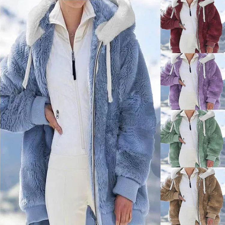 

2022 Hot Sale New Autumn and Winter Loose Plush Zipper Hooded Coat Women Plus Plush Plus Plus Size