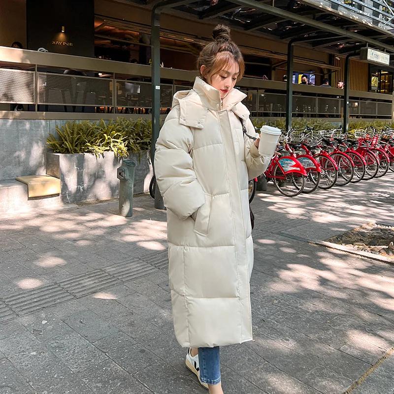 

Korean Women Fashion Long Thicken Coat Winter Snow Solid Color Long Hooded Parkas Ladies Warm Cloth Loose Female Jacket Straight