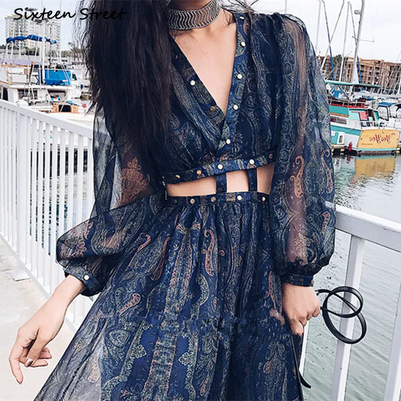 

Boho Vacation Dress Woman Summer V-neck Long Lantern Sleeve Dark Blue Chiffon Vestido Woman Dresses Rivets Beach Maxi Dress 2022