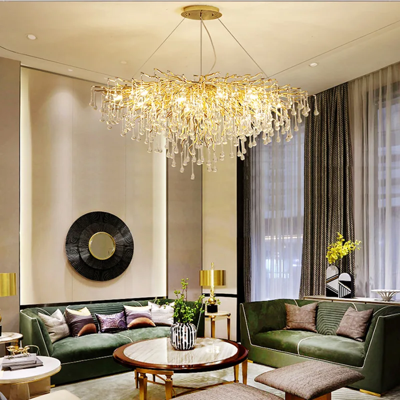 Modern Luxury Led Crystal Chandelier Living Decorative Pendant Lamp Villa Water Drop Tree Branch Light Indoor Lighting Fixtures
