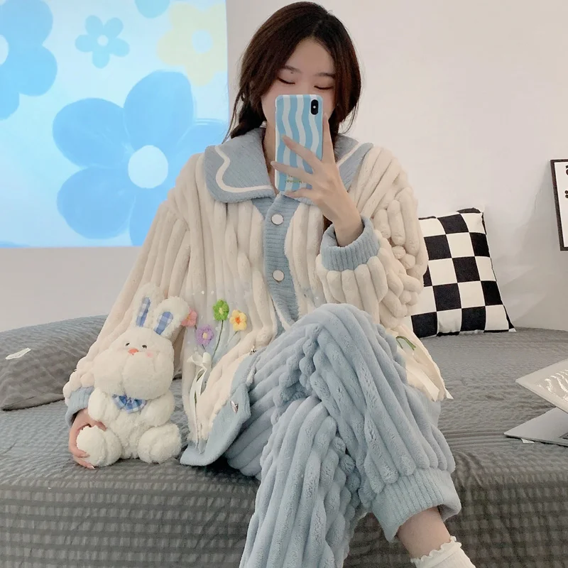 New  Women's Pajamas Set Winter Leisure Elastic Thicken Warm Flannel Sleepwear Set Embroider Women Long Sleeve Girl Homewear