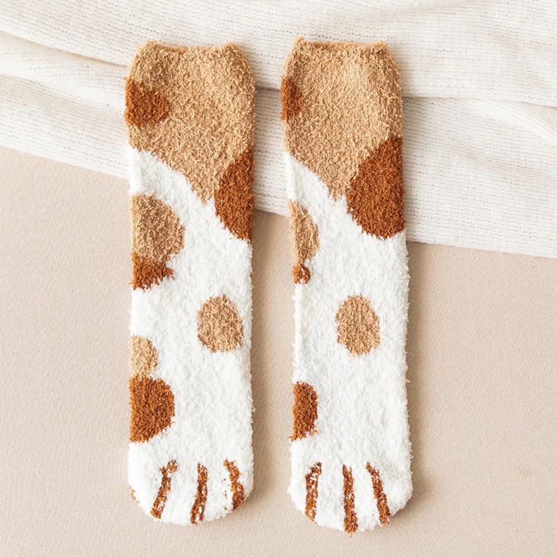 

6 PAIRS Socks Cartoon Cat Claw Sleeping Floor Socks Kawaii Women Winter Plus Velvet Thickening Warm Coral Fleece Fuzzy Socks