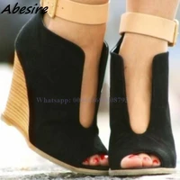 new peep toe black sandals ankle buckle women wedges high heel sandals black and khaki summer open toe shoes for women sandals