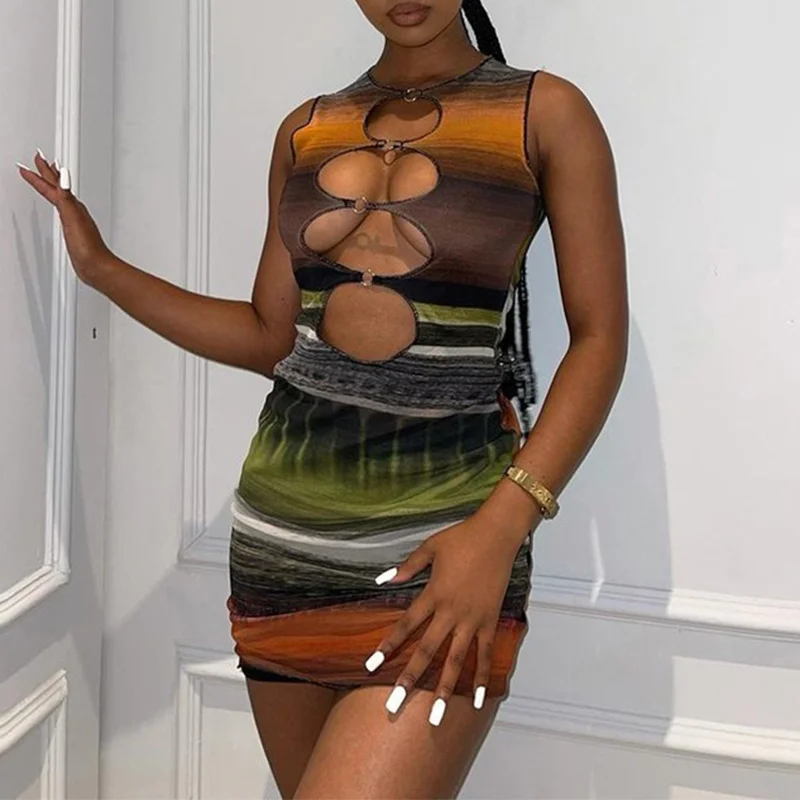 

Women Sexy Bodycon Sundress Summer Tie Dye Printed Round Neck Sleeveless Hollow Mini Dress for Party Club