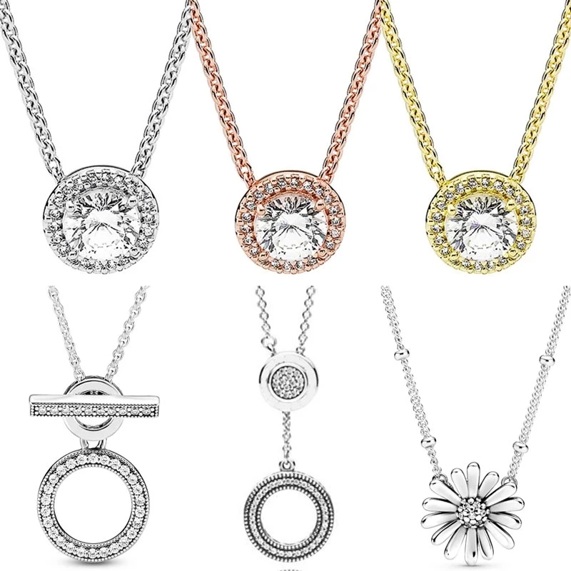 

Sparkle Classic Elegance Daisy Flower Collier Double Hoop T-bar S925 Sterling Silver Necklace For Europe Bead Charm Diy Jewelry