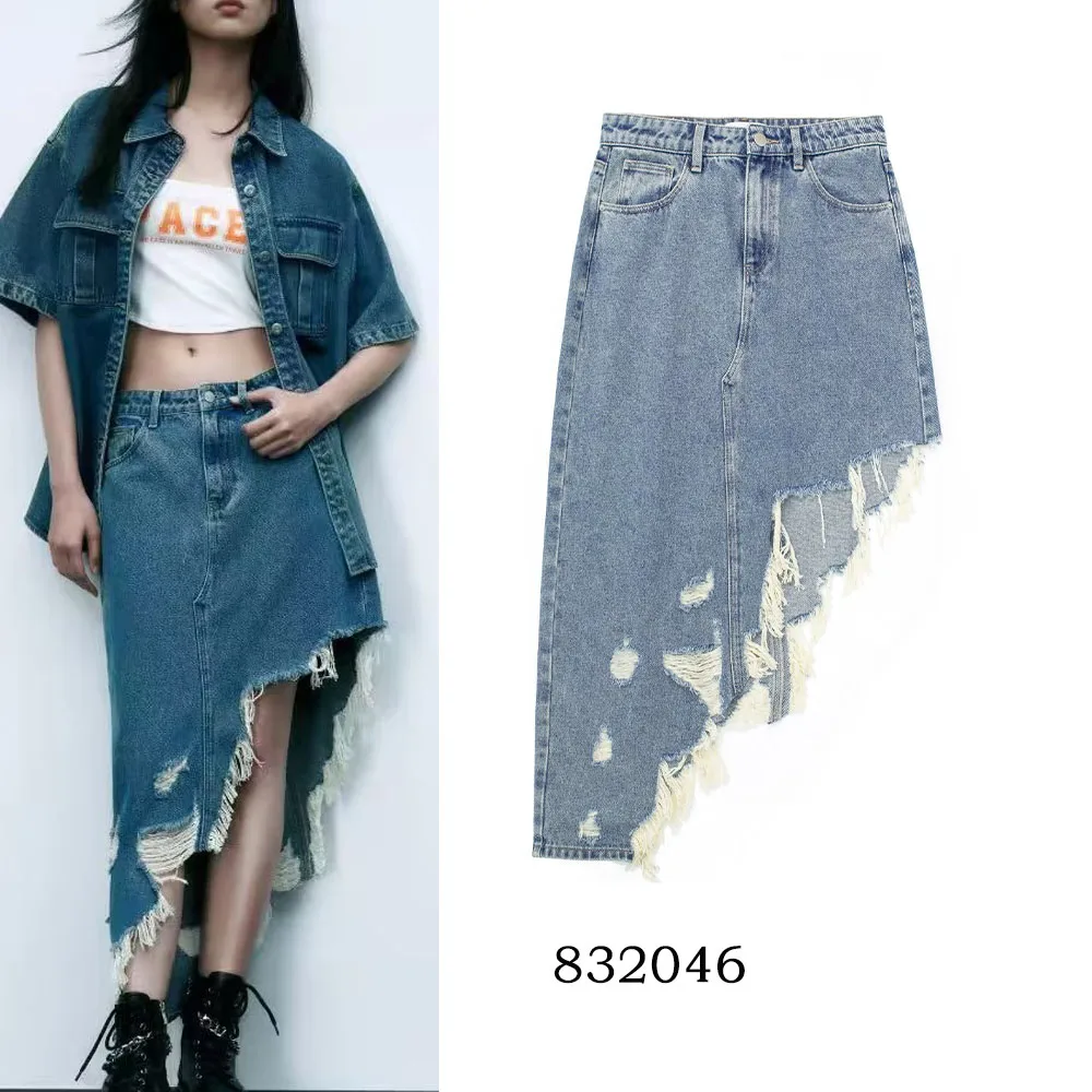 

TRAF WOMEN 2023 Summer Chic New High-waisted Beveled Ripped Denim Skirt Design Sense Temperament Retro Female Elegant Skirt