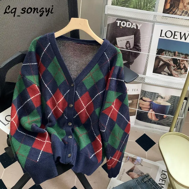

Женский жаккардовый свитер с узором ромбиками, винтажный трикотажный однобортный Кардиган оверсайз, Y2K, весна-зима, Lq_songyi SY32