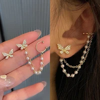 design asymmetric butterfly stud earrings long tassel rhinestone pearl metal chain ear clip women fashion elegant jewelry gifts