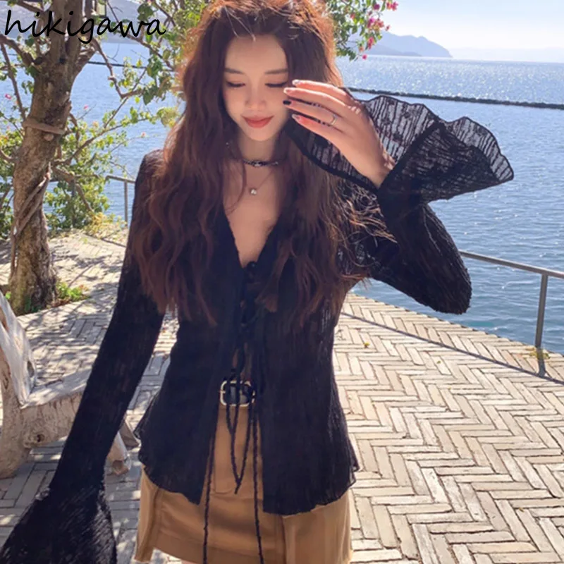 Женские прозрачные блузки с расклешенным рукавом бандажная туника рубашки